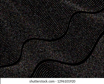 Curve lines of multiple rhombus confetti on black. Luxury vector background with shiny stardust glitters. Party confetti dust curves stripes. Brilliant glitter flow pattern, glowing lights print.