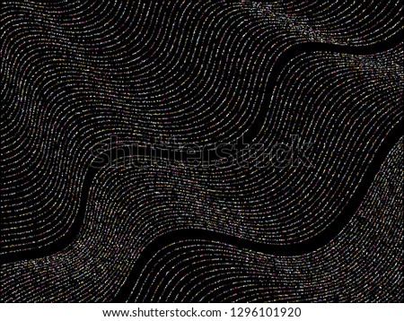 Curve lines of multiple rhombus confetti on black. Luxury vector background with shiny stardust glitters. Party confetti dust curves stripes. Brilliant glitter flow pattern, glowing lights print.