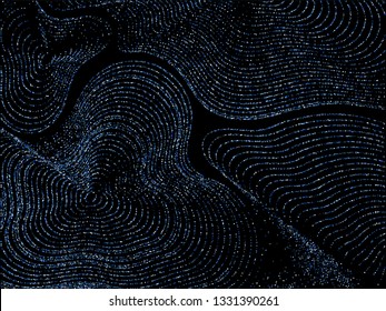 Curve lines of multiple round confetti on black. Luxury vector background with shiny stardust glitters. Holiday confetti curved lines. Abstract vector pattern, glowing lights design.