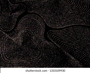 Curve lines of multiple round confetti on black. Luxury vector background with shiny stardust glitters. Stylish confetti dust curves stripes. Abstract glitter flow pattern, glowing lights print.