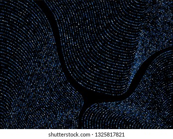 Curve lines of multiple square confetti on black. Rich vector background with shiny stardust glitters. Festive confetti dust curves stripes. Brilliant glitter flow pattern, glowing lights print.