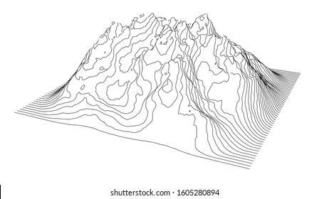 Curve lines in the shape of a part of a mountain range. Vector illustration is derived from 3D rendering. Black lines on a white background