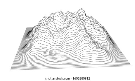 Curve lines in the shape of a part of a mountain range. Vector illustration is derived from 3D rendering. Black lines on a white background