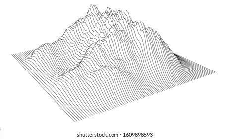 Curve lines in the shape of a part of a mountain range. Vector illustration is derived from 3D rendering. Black lines on a white background