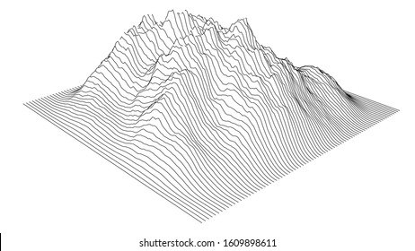 Curve lines in the shape of a part of a mountain range. Vector illustration is derived from 3D rendering. Black lines on a white background