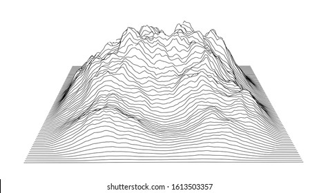 Curve lines in the shape of a part of a mountain range. Vector illustration is derived from 3D rendering. Black lines on a white background