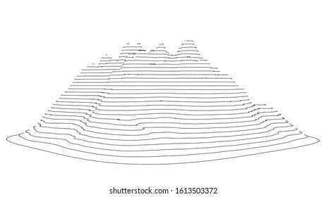 Curve lines in the shape of a part of a mountain range. Vector illustration is derived from 3D rendering. Black lines on a white background