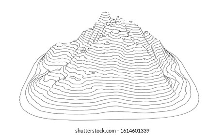 Kurven in Form eines Teils einer Bergkette. Die Vektorgrafik leitet sich vom 3D-Rendering ab. Schwarze Linien auf weißem Hintergrund