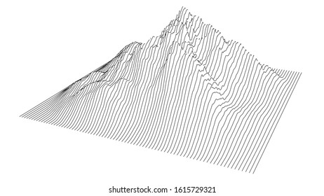 Curve lines in the shape of a part of a mountain range. Vector illustration is derived from 3D rendering. Black lines on a white background
