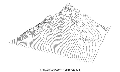 Curve lines in the shape of a part of a mountain range. Vector illustration is derived from 3D rendering. Black lines on a white background