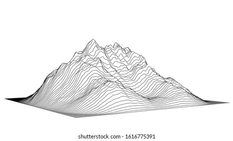 Curve lines in the shape of a part of a mountain range. Vector illustration is derived from 3D rendering. Black lines on a white background