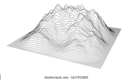 Curve lines in the shape of a part of a mountain range. Vector illustration is derived from 3D rendering. Black lines on a white background