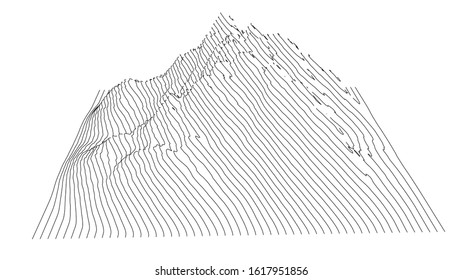 Curve lines in the shape of a part of a mountain range. Vector illustration is derived from 3D rendering. Black lines on a white background