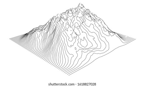 Curve lines in the shape of a part of a mountain range. Vector illustration is derived from 3D rendering. Black lines on a white background