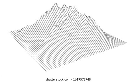 Curve lines in the shape of a part of a mountain range. Vector illustration is derived from 3D rendering. Black lines on a white background