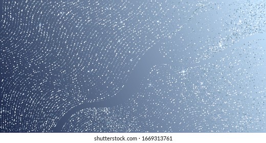 Curve lines silver glitter confetti garlands dots rain. Sparkling glitter dust, party tinsels shimmer, holiday lights background design, festive template. Rich silver metallic sparkle lights.