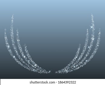 Las líneas de curva de brillo plateado los puntos de confeti brillan dispersos. Prima de almidón metálico de plata. Borde brillante espumoso, brillantez de mejillones de fiesta, diseño de fondo de luces de vacaciones, estilo festivo.