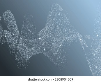 Kurven silberglänzenden Konfetti-Granaten schneiden Wellen. Fesselnde Glitzergrenze, Frittenstinkeln schimmern, Hintergrundbild der Feiertage, festlicher Rahmen. Reichhaltiges silbernes Metallfeuer.