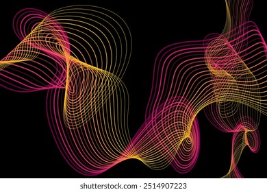 Curve lines vector composition on dark background. Yellow pink curve lines on black. Disco banner, party poster background.