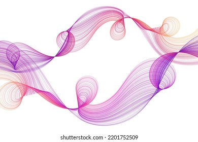 Curve lines wavy ribbons frame vector design. Purple orange waves, curve lines, ribbons absract banner background with text place.