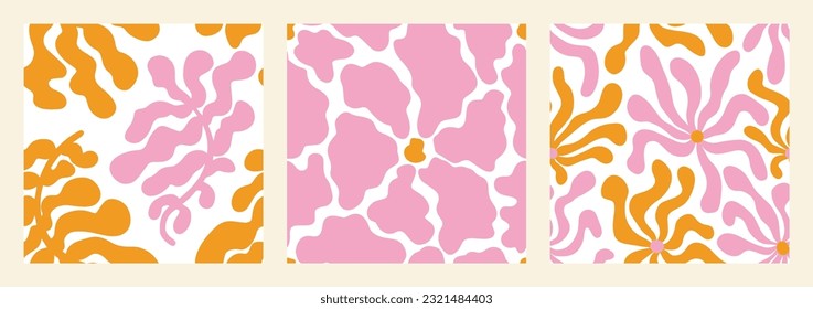 Conjunto de patrones estéticos de Matisse de Curva. Resumen de las flores y hojas de Groovy al estilo Hippie 1970. Ilustración vectorial naïve en colores rosa y naranja. Fondos para camisetas, fondos de escritorio, teléfono para caso.