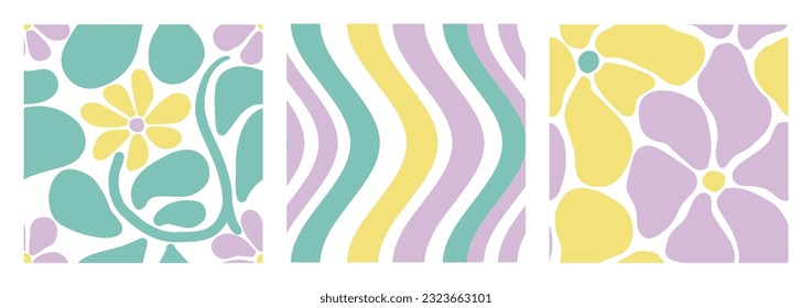 Curve Matisse Aesthetic Pattern Set. Abstract Groovy Flowers and Leaves, Wavy Swirl in Hippie 1970 style. Naive Vector Illustration in Pastel Palette. Backgrounds for T-Shirts, Wallpaper, Case Phone.