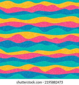 Kurven Sie mehrfarbige Wellenlinien Vektor nahtloses Muster. Farbige horizontale Streifen-Linienführung. Flüssige Rippelgewebe Druck. Vintage-Textur. Überschwemmungswelle, Wiederholung der Beobachtung. Funky Geometrie.