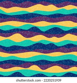 Curve multicolor wave lines vector seamless pattern. Colorful horizontal stripe surges design. Curl ripple cloth print. Vintage texture. Ruffle wave flow repeat swatch psychedelic print