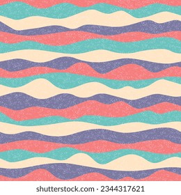 Curve multicolor wave lines vector seamless pattern. Colorful horizontal stripe lines design. Smooth ripple textile print. Vintage texture. Deep ruffle wave graphic background.