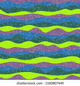 Curve multicolor wave stripes vector seamless pattern. Trendy horizontal stripe lines design. Curl ripple cloth print. Fashionable texture. Surge wave flow repeat swatch. Hippie ornament.