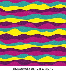 Curve multicolor wave stripes vector seamless pattern. Trendy horizontal stripe lines design. Curl ripple cloth print. Vintage texture. Surge wave flow repeat swatch. Hippie ornament.