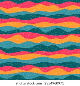 Curva de rayas de onda multicolor vectorial sin costuras. El diseño de la banda horizontal moderna se eleva. Impresión de tela de rizo. Textura superpuesta de espuma. Interrupción de repetición del flujo de onda de sobrevuelo. Efecto LSD.