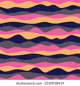 Kurven mehrfarbigen Wellen Streifen Vektor nahtlose Muster. Farbige horizontale Streifenlinien Design. Flüssiges Ripple-Stoffdruck. Überlagernde Textur aus Schaum. Wiederholungsfeld für Wellendurchfluss bei Überspannung. LSD-Effekt.