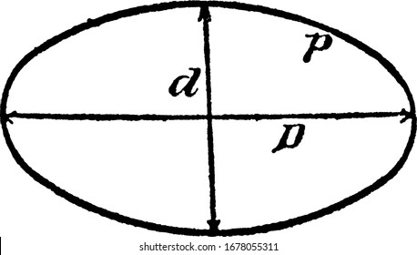 A curve in a plane surrounding two focal points such that the sum of the distances to the two focal points is constant for every point on the curve, vintage line drawing or engraving illustration.