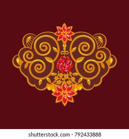 Curve plants and Ruby flowers. Elegant, Gold element for design.