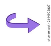 Curve purple arrow. Pointer, direction, turn, movement sign, navigation symbol. Hand drawn vector illustration isolated on white background, flat cartoon style.