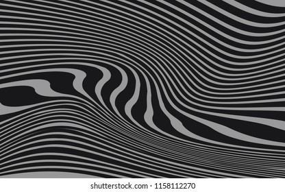 Curva Aleatória Chaotic Lines Abstract Geometric Pattern Texture, Moderno, Ilustração de arte contemporânea com linhas listradas brancas pretas, Ondulado, Efeito de Distorção de Curva, Dobragem, Linhas Deformadas