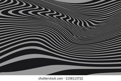 Curve Random Chaotic Lines Abstract Geometric Pattern Texture, Modern, Contemporary Art Illustration with Black White Striped Lines, Wavy, Curving Distortion Effect, Bending, Warped Lines