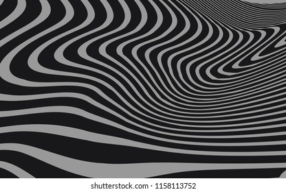 Curve Random Chaotic Lines Abstract Geometric Pattern Texture, Modern, Contemporary Art Illustration with Black White Striped Lines, Wavy, Curving Distortion Effect, Bending, Warped Lines