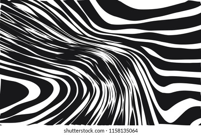 Líneas caóticas aleatorias de curva Resumen Textura de patrón geométrico, Ilustración de arte contemporáneo con líneas rayadas blancas negras, onduladas, efectos de distorsión curvada, plegado, líneas retorcidas