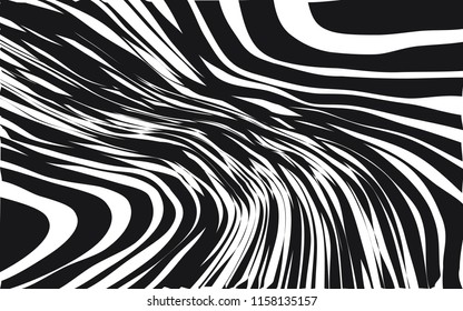 Curve Random Chaotic Lines Abstract Geometric Pattern Texture, Modern, Contemporary Art Illustration with Black White Striped Lines, Wavy, Curving Distortion Effect, Bending, Warped Lines
