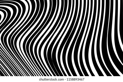 Líneas caóticas aleatorias de curva Resumen Textura de patrón geométrico, Ilustración de arte contemporáneo con líneas rayadas blancas negras, onduladas, efectos de distorsión curvada, plegado, líneas retorcidas