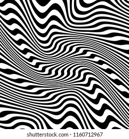 Curve Random Chaotic Lines Abstract Geometric Pattern Texture, Modern, Contemporary Art Illustration with Black White Striped Lines, Wavy, Curving Distortion Effect, Bending, Warped Lines