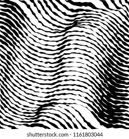 Líneas caóticas aleatorias de curva Resumen Textura de patrón geométrico, Ilustración de arte contemporáneo con líneas rayadas blancas negras, onduladas, efectos de distorsión curvada, plegado, líneas retorcidas