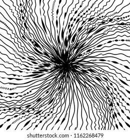Líneas caóticas aleatorias de curva Resumen Textura de patrón geométrico, Ilustración de arte contemporáneo con líneas rayadas blancas negras, onduladas, efectos de distorsión curvada, plegado, líneas retorcidas