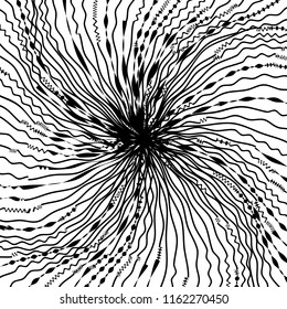 Líneas caóticas aleatorias de curva Resumen Textura de patrón geométrico, Ilustración de arte contemporáneo con líneas rayadas blancas negras, onduladas, efectos de distorsión curvada, plegado, líneas retorcidas