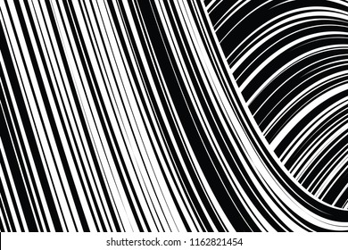 Líneas caóticas aleatorias de curva Resumen Textura de patrón geométrico, Ilustración de arte contemporáneo con líneas rayadas blancas negras, onduladas, efectos de distorsión curvada, plegado, líneas retorcidas