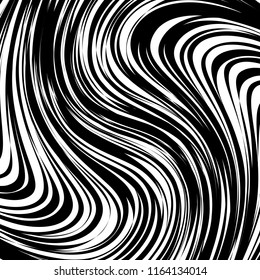 Líneas caóticas aleatorias de curva Resumen Textura de patrón geométrico, Ilustración de arte contemporáneo con líneas rayadas blancas negras, onduladas, efectos de distorsión curvada, plegado, líneas retorcidas