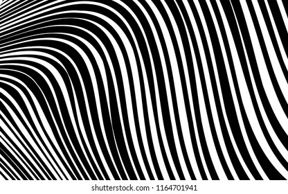 Líneas caóticas aleatorias de curva Resumen Textura de patrón geométrico, Ilustración de arte contemporáneo con líneas rayadas blancas negras, onduladas, efectos de distorsión curvada, plegado, líneas retorcidas