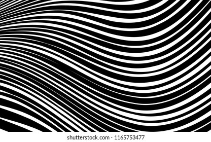 Curve Random Chaotic Lines Abstract Geometric Pattern Texture, Modern, Contemporary Art Illustration with Black White Striped Lines, Wavy, Curving Distortion Effect, Bending, Warped Lines